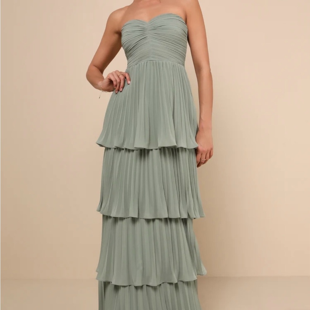 Lulu's Strapless Sage Green Tiered Dress